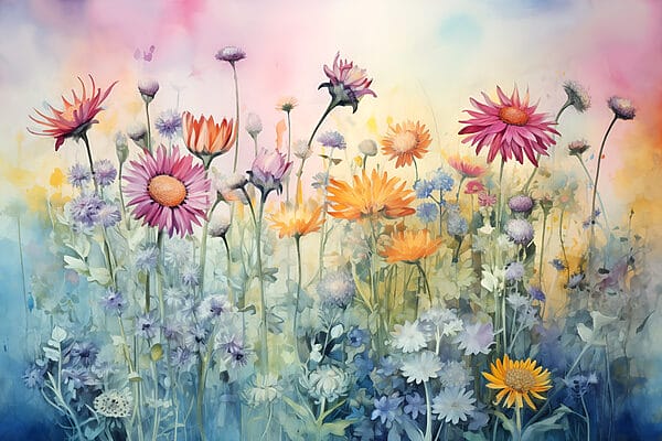 Schilderij van bloemen in een veld Schilderij van bloemen in een veld