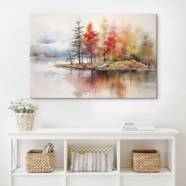 Aquarel van bomen en rotsen op een meer Aquarel van bomen en rotsen op een meer
