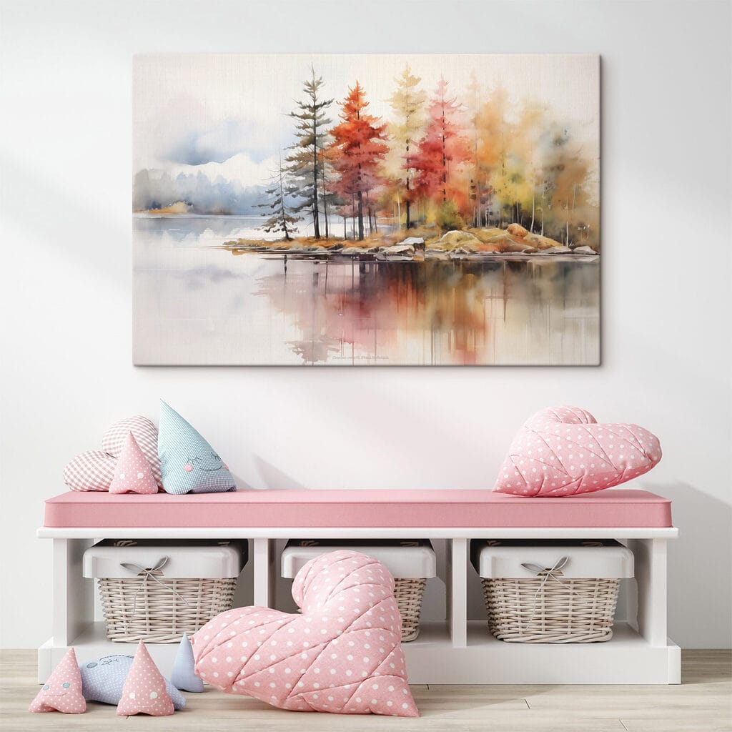 Watercolor painting of trees and rocks on a lake