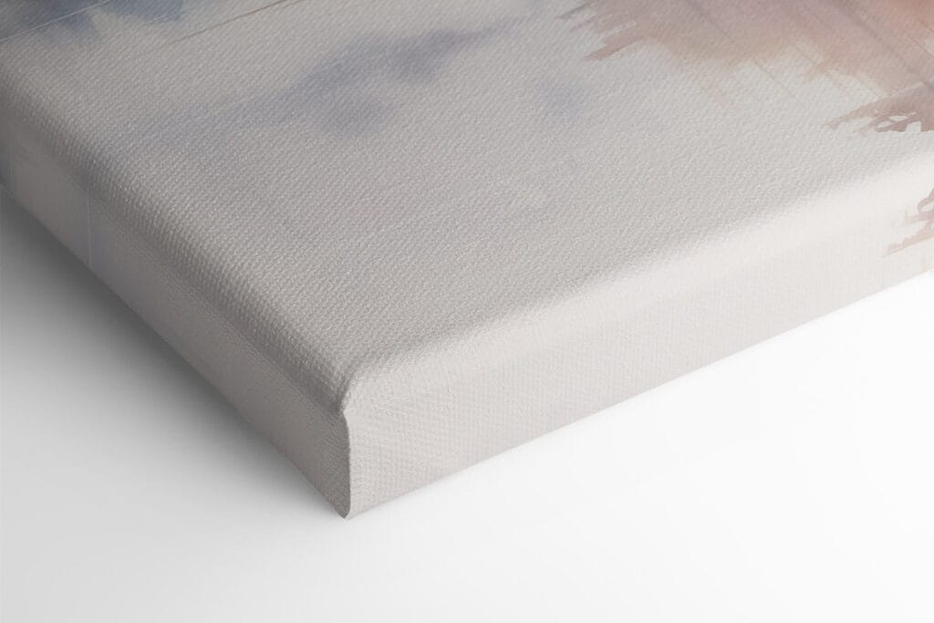 Watercolor painting of trees and rocks on a lake