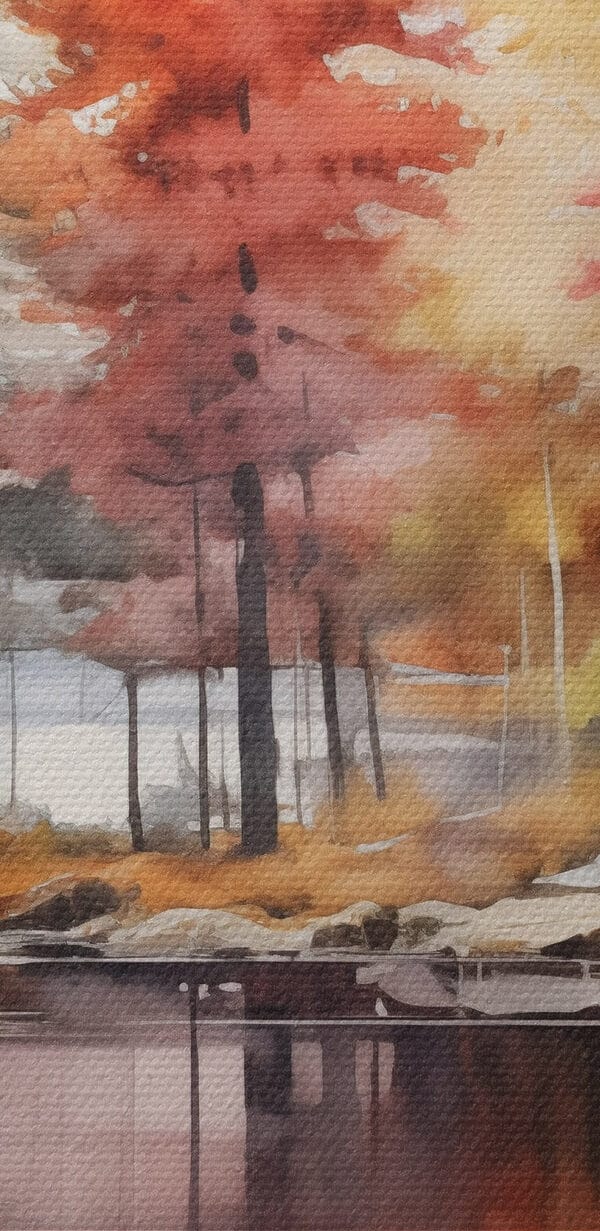 Aquarel van bomen en rotsen op een meer Aquarel van bomen en rotsen op een meer