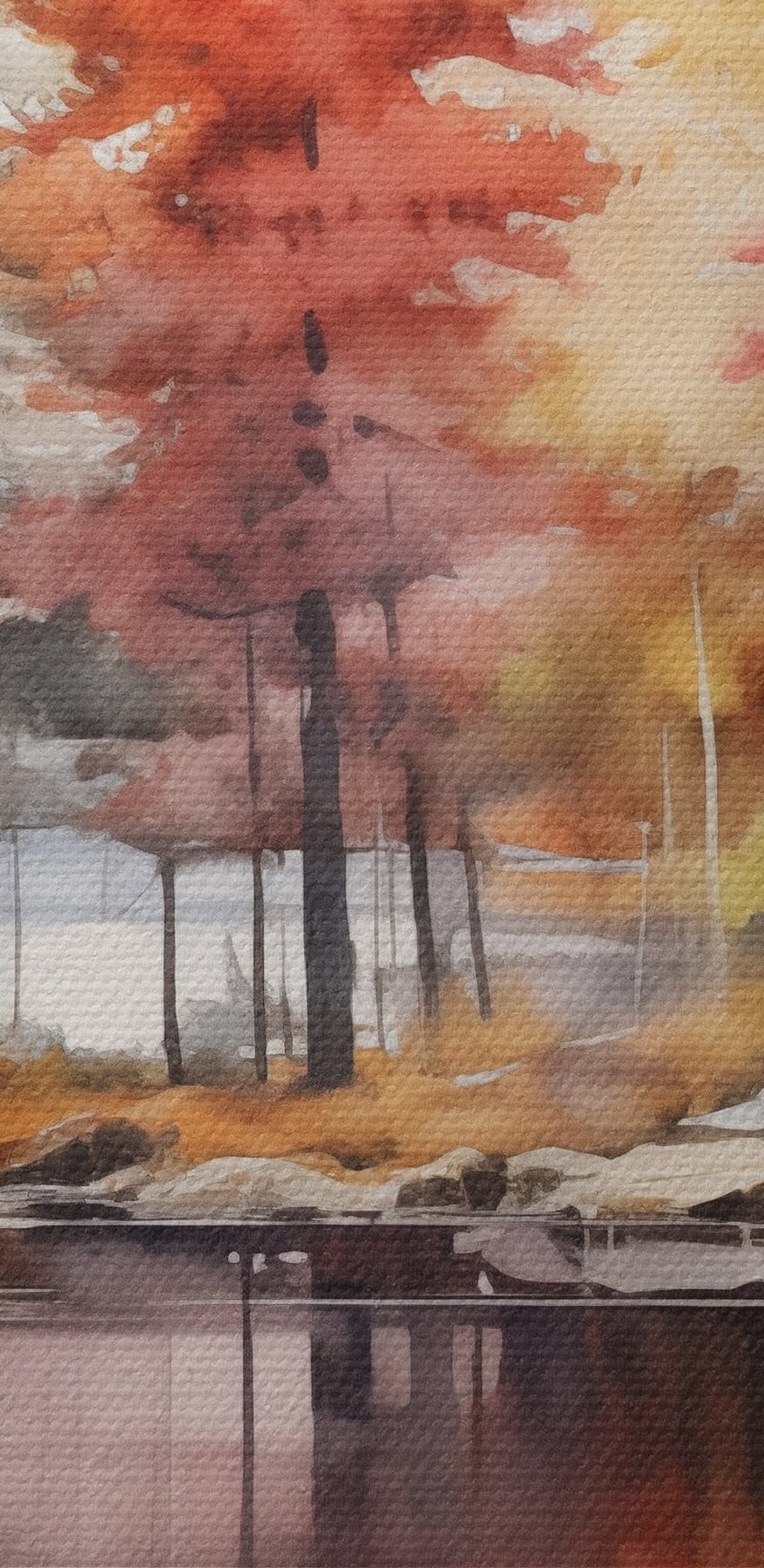 Aquarel van bomen en rotsen op een meer