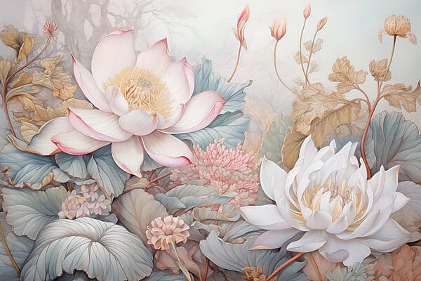 Schilderij van bloemen en bladeren Schilderij van bloemen en bladeren