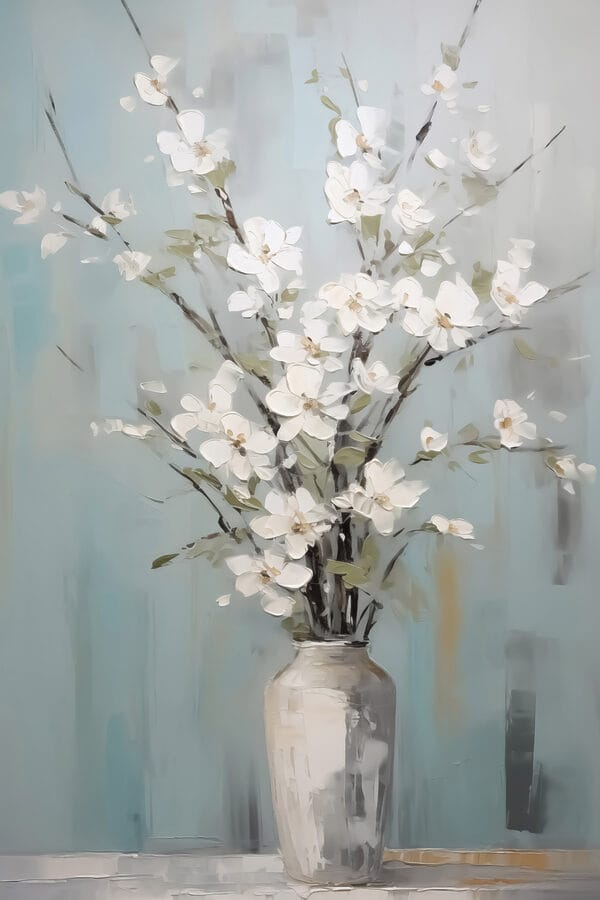Schilderij van een vaas met witte bloemen Schilderij van een vaas met witte bloemen