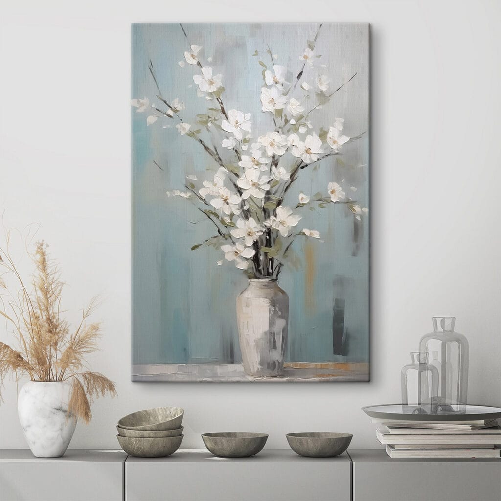 Painting of a vase with white flowers
