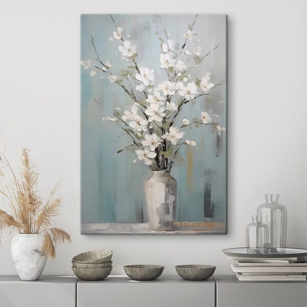 Schilderij van een vaas met witte bloemen Schilderij van een vaas met witte bloemen