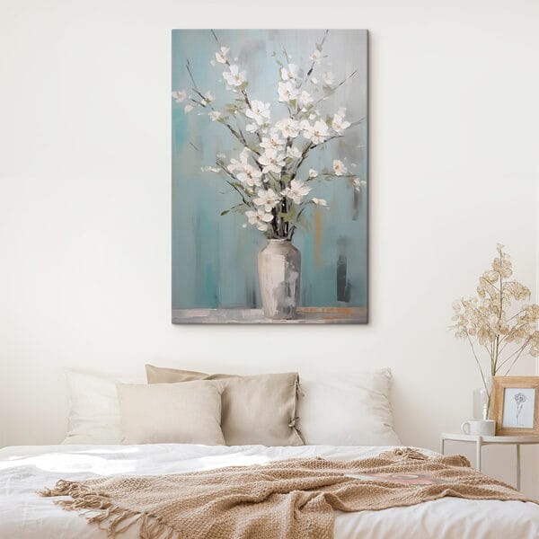 Schilderij van een vaas met witte bloemen Schilderij van een vaas met witte bloemen