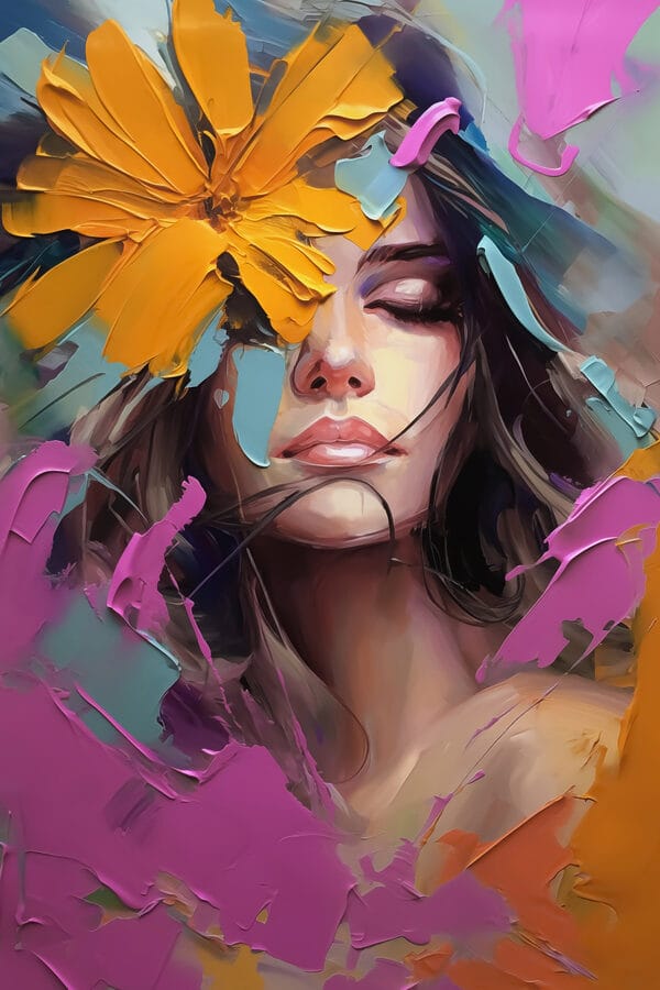Schilderij van een vrouw met bloemen op haar gezicht Schilderij van een vrouw met bloemen op haar gezicht