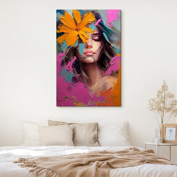 Schilderij van een vrouw met bloemen op haar gezicht Schilderij van een vrouw met bloemen op haar gezicht