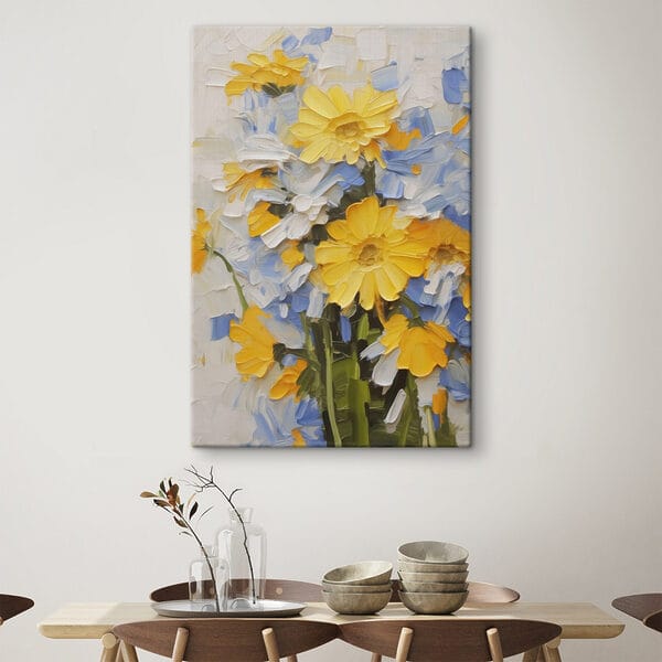 Schilderij van gele en blauwe bloemen Schilderij van gele en blauwe bloemen