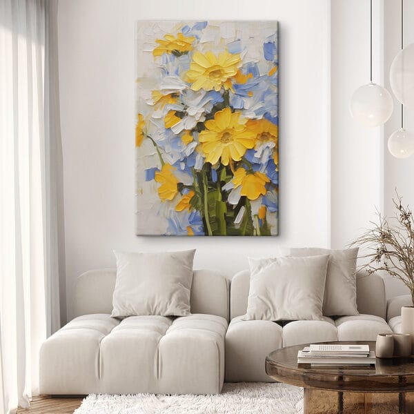 Schilderij van gele en blauwe bloemen Schilderij van gele en blauwe bloemen