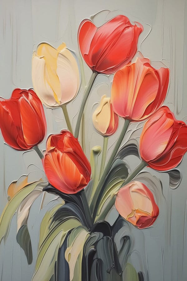 Schilderij van tulpen op een grijze achtergrond Schilderij van tulpen op een grijze achtergrond