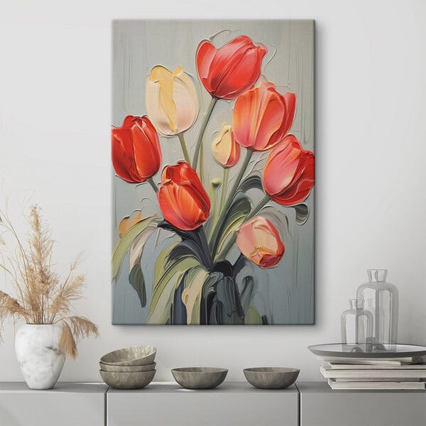 Schilderij van tulpen op een grijze achtergrond Schilderij van tulpen op een grijze achtergrond