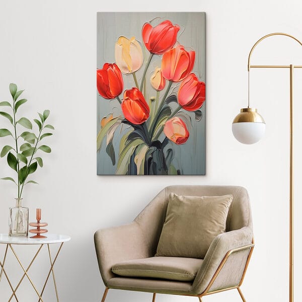 Schilderij van tulpen op een grijze achtergrond Schilderij van tulpen op een grijze achtergrond