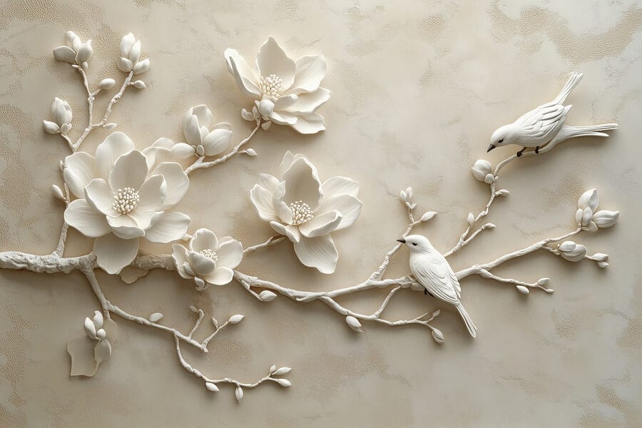 Witte vogel op een tak met bloemen