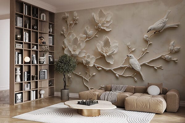 Witte vogel op een tak met bloemen Witte vogel op een tak met bloemen