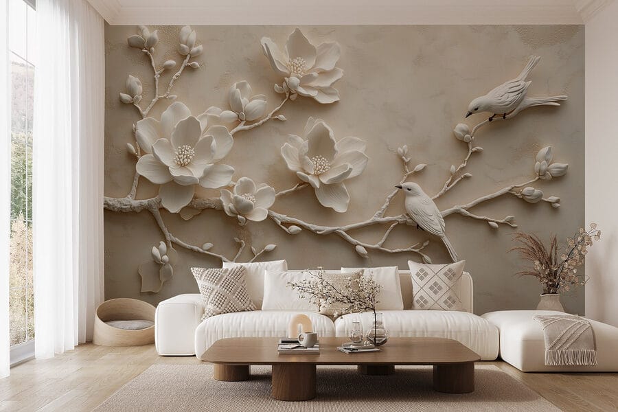 Witte vogel op een tak met bloemen