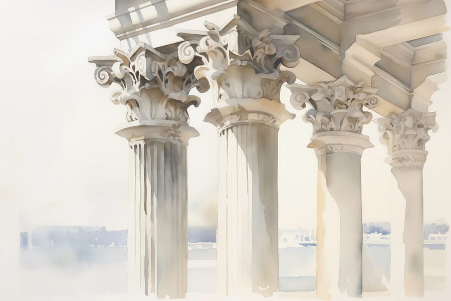 Aquarel van een gebouw met pilaren