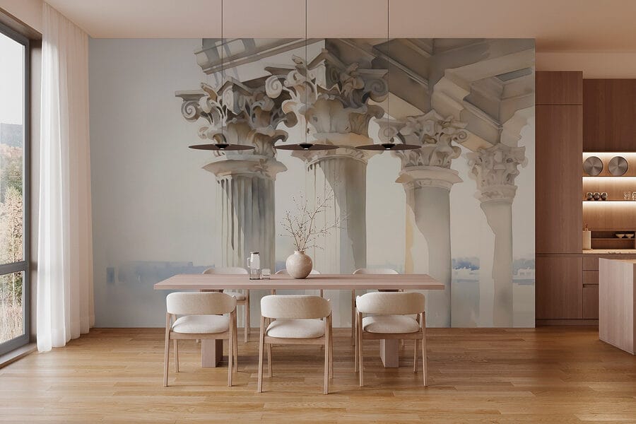 Aquarel van een gebouw met pilaren