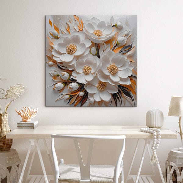 Witte bloemen en bladeren Canvas Schilderijen Witte bloemen en bladeren