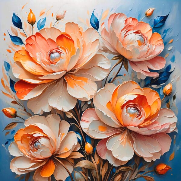 Schilderij van bloemen op een blauwe achtergrond Schilderij van bloemen op een blauwe achtergrond