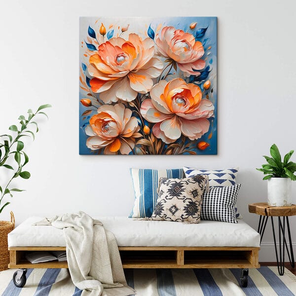 Schilderij van bloemen op een blauwe achtergrond Schilderij van bloemen op een blauwe achtergrond