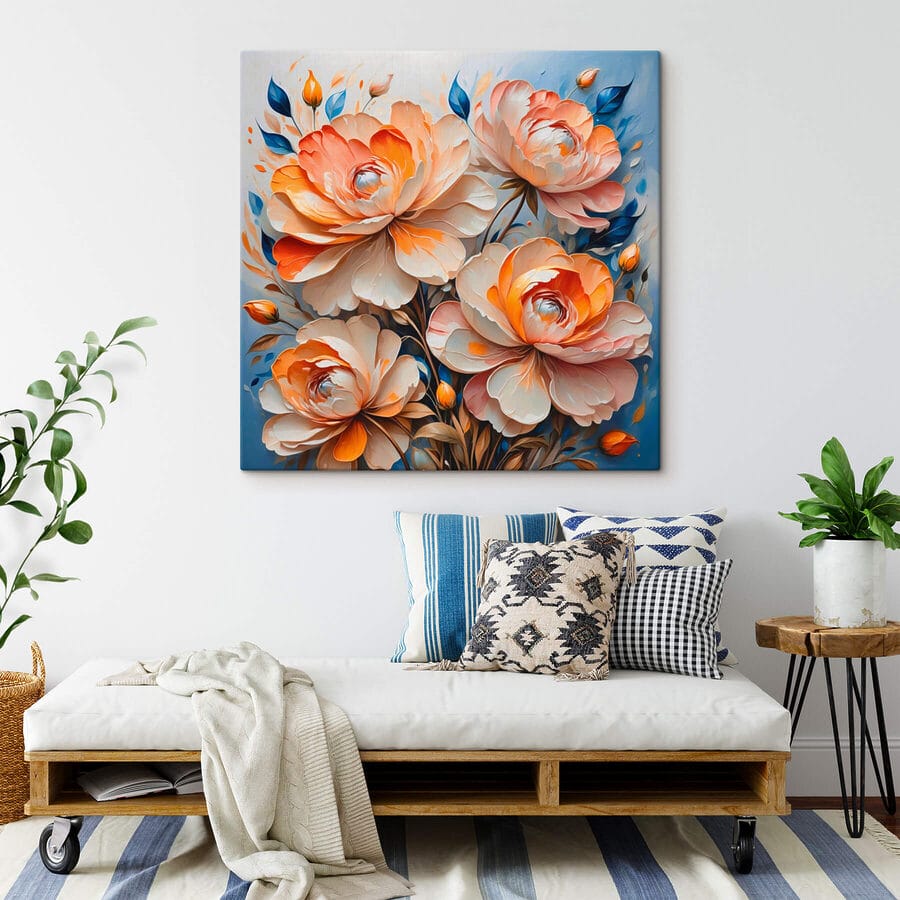 Schilderij van bloemen op een blauwe achtergrond Schilderij van bloemen op een blauwe achtergrond