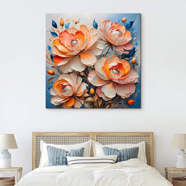 Schilderij van bloemen op een blauwe achtergrond Schilderij van bloemen op een blauwe achtergrond