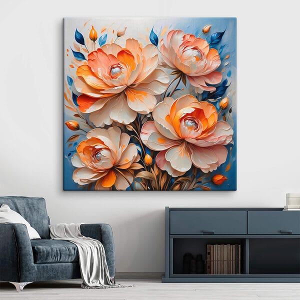 Schilderij van bloemen op een blauwe achtergrond Schilderij van bloemen op een blauwe achtergrond
