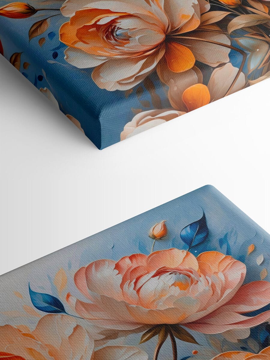 Schilderij van bloemen op een blauwe achtergrond Schilderij van bloemen op een blauwe achtergrond