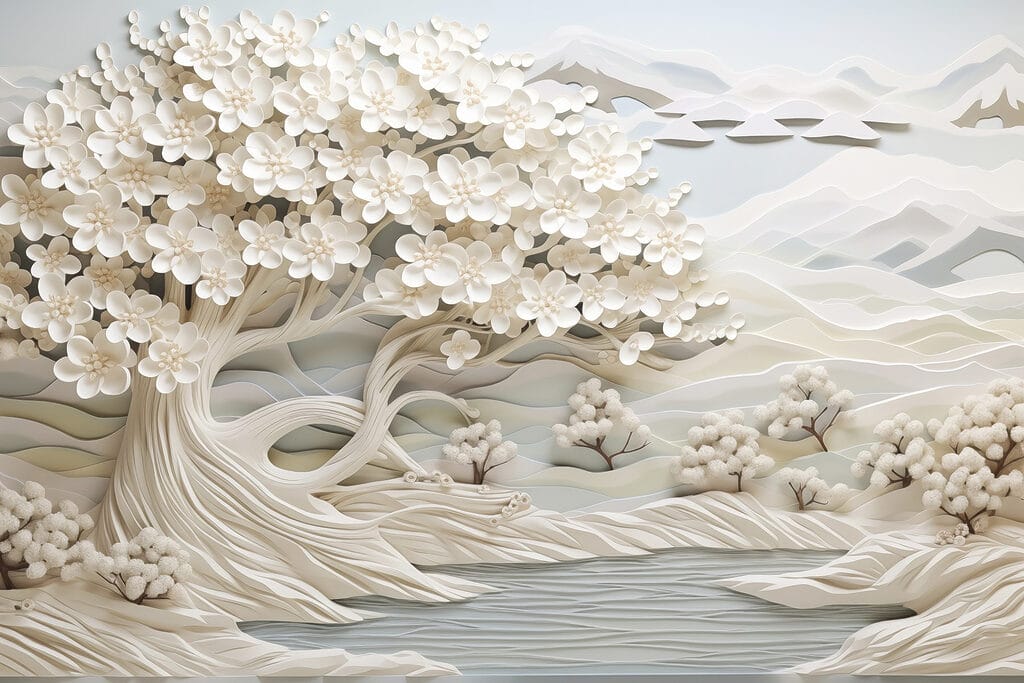 White tree with white flowers and a river