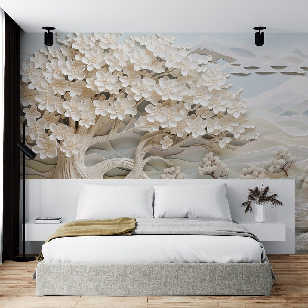 White tree with white flowers and a river