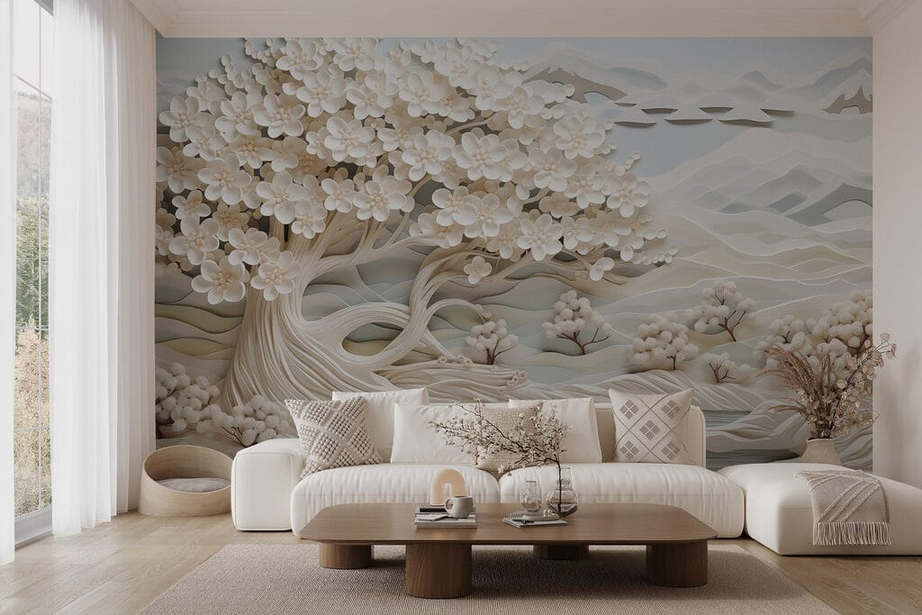White tree with white flowers and a river