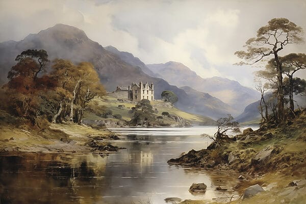 Aquarel schilderij van een kasteel op een heuvel met bomen en bergen Aquarel schilderij van een kasteel op een heuvel met bomen en bergen