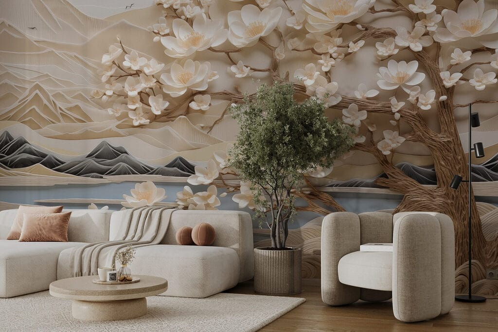 Tree with white flowers and mountains