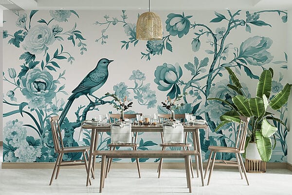Vogel op een boomtak met bloemen Vogel op een boomtak met bloemen