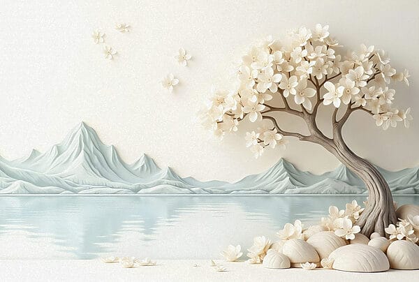 Boom met bloemen en rotsen naast water Boom met bloemen en rotsen naast water