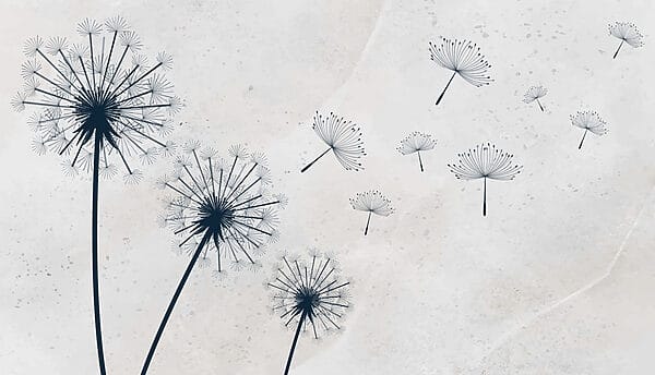 Groep paardenbloemen vliegend in de lucht Groep paardenbloemen vliegend in de lucht