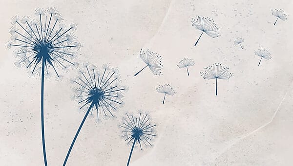 Groep paardenbloemen vliegend in de lucht Groep paardenbloemen vliegend in de lucht