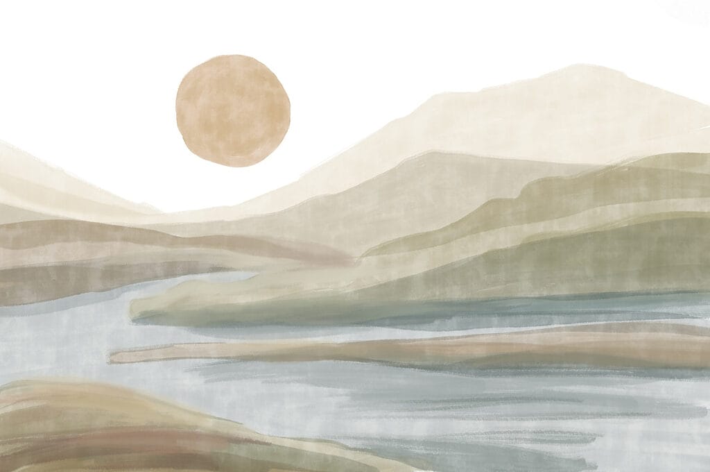 Watercolor painting of a river and mountains