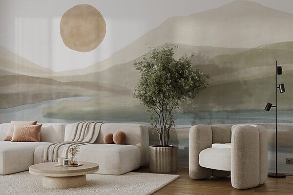 Fotobehang Aquarel van een rivier en bergen (Artikelnummer: w08702) Fotobehang Fotobehang Aquarel van een rivier en bergen (Artikelnummer: w08702)