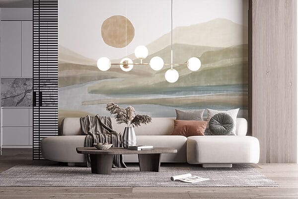 Watercolor painting of a river and mountains