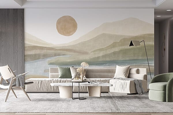 Watercolor painting of a river and mountains