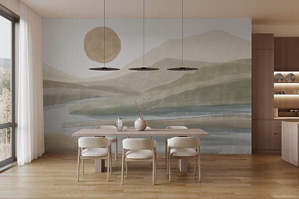 Watercolor painting of a river and mountains