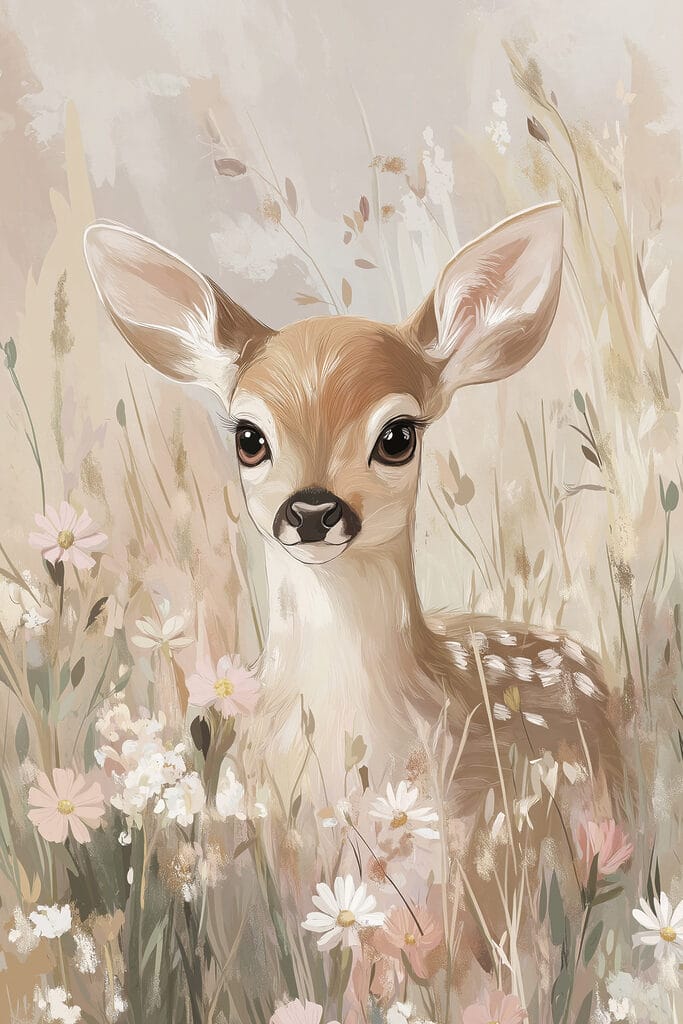 Painting of a deer in a field of flowers
