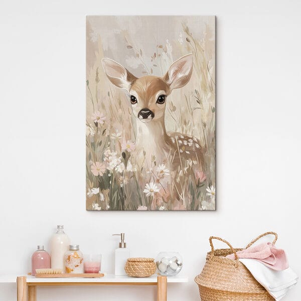 Schilderij van een hert in een bloemenveld Schilderij van een hert in een bloemenveld