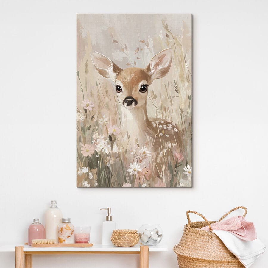 Schilderij van een hert in een bloemenveld