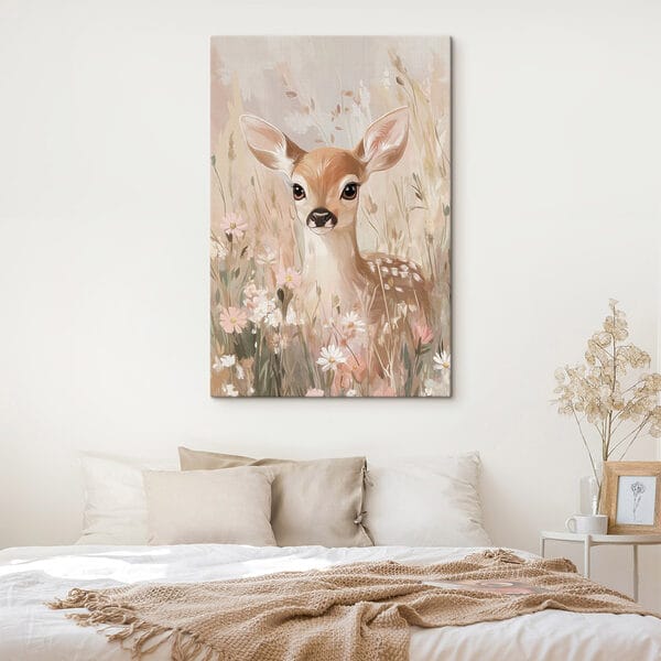 Schilderij van een hert in een bloemenveld Schilderij van een hert in een bloemenveld