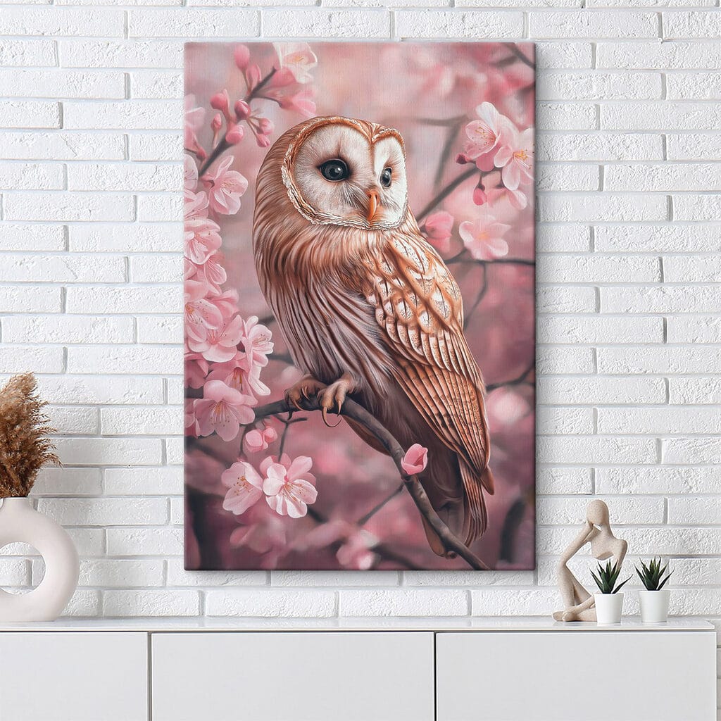 Owl sitting on a branch with pink flowers
