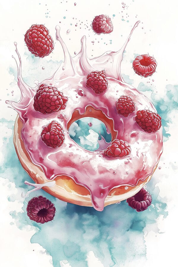 Schilderij van een donut met frambozen en melkspetters Schilderij van een donut met frambozen en melkspetters